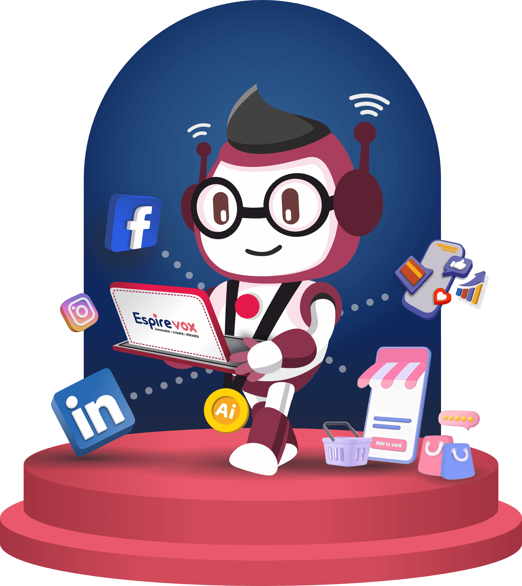 EspireVox mascot with social media and marketing icons